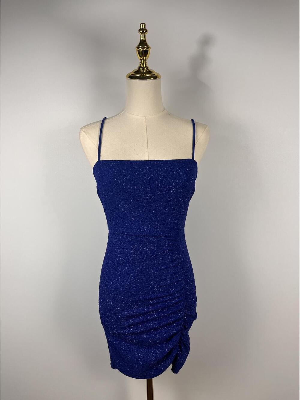 True Y2K Windsor Glitter Mini Dress Blue Ruched Bodycon Spaghetti Strap Sz Small